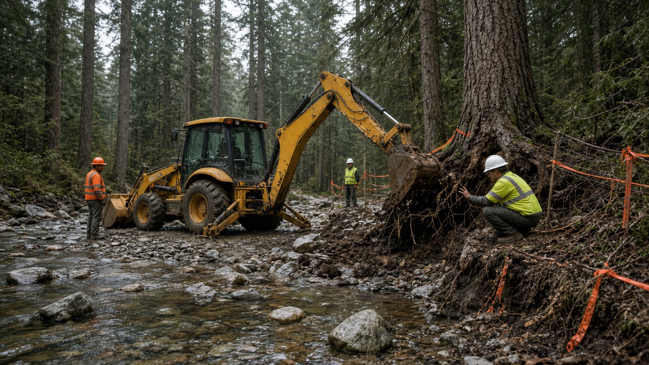 Arborist watching a backhoe dig beside tree roots at a flagged creek site
