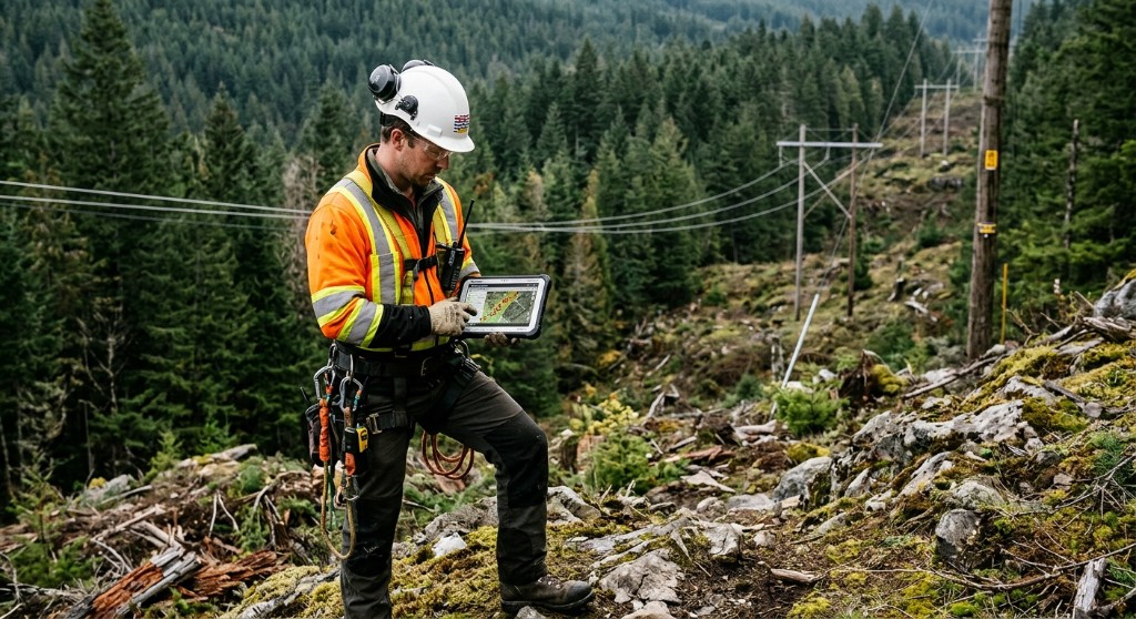 Utility worker reviewing a mapped layout on a tablet along a power-line corridor
